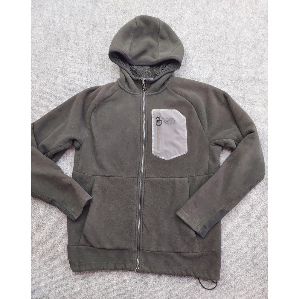 The North Face Jacket Mens Medium Dark Gray Fleece Full Zip Hooded Chest‎ Pocket